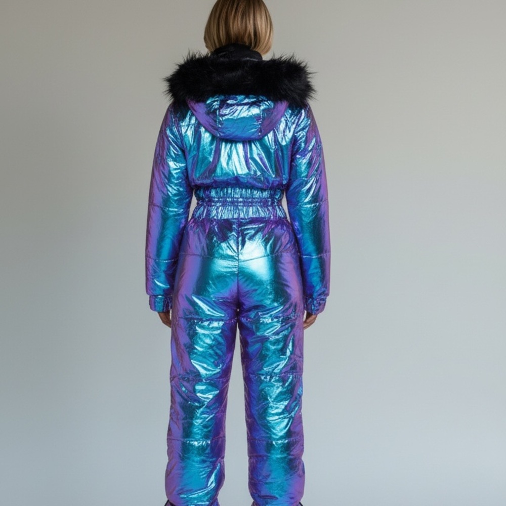 Dolls Kill Iridescent Metallic Blue-Purple Ski Jumpsuit with Black Fur Trim - Picture 2 of 4